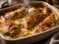 Un plat de lapin au four, doré et fumant, baignant dans une sauce crémeuse aux herbes.