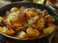 Un plat appétissant de cuisse de poulet Cookeo, doré et savoureux, entouré de pommes de terre rôties et d'herbes aromatiques.