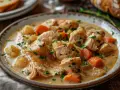 Une assiette de blanquette de dinde crémeuse avec des morceaux de dinde, des carottes et des pommes de terre, garnie de persil frais.