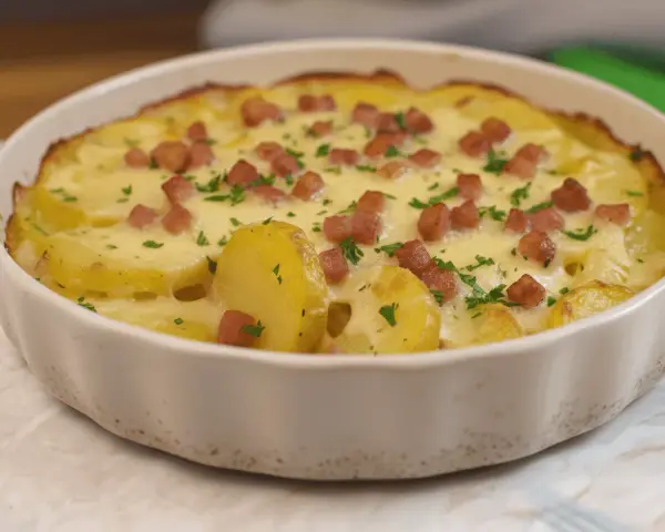 Truffade au four, un plat réconfortant de pommes de terre gratinées, parsemé de lardons et de persil frais.
