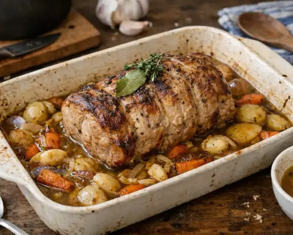 Un savoureux roti de porc au four, doré et juteux, mijotant avec des pommes de terre et des carottes dans un plat en céramique.