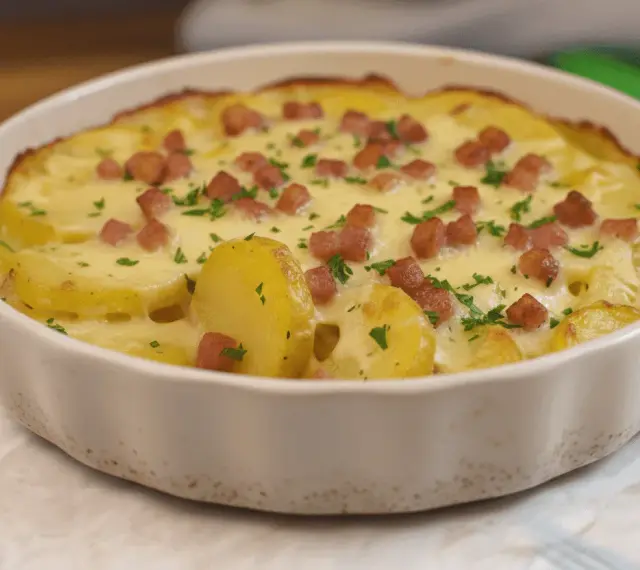 Truffade au four, un plat réconfortant de pommes de terre gratinées, parsemé de lardons et de persil frais.