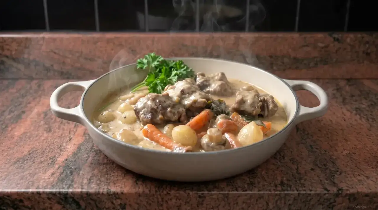 Un plat fumant de blanquette de veau, garni de persil frais, avec des carottes, des oignons et des champignons dans une sauce crémeuse.