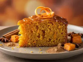 Tranche de gâteau moelleux à la carotte, décorée d'une spirale d'orange. Un délice gourmand, ce gâteau sans sucre est parsemé d'épices et de morceaux de citrouille.