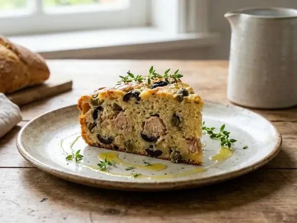 Tranche de cake au thon, olives noires et câpres, garnie de thym frais, sur une assiette avec un filet d'huile d'olive.