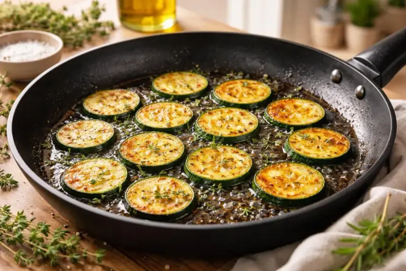 Rondes tranches de courgettes dorées à la poêle, parsemées d'herbes fraîches. Une délicieuse recette de courgette à la poêle en préparation.