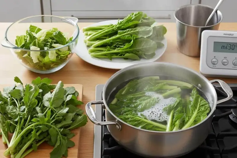 Préparation pour la cuisson d'épinards frais. Des légumes verts bouillent dans une casserole, d'autres attendent sur une assiette et une planche à découper.