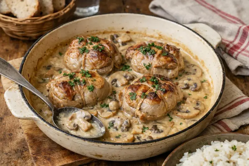Quatre paupiettes de veau dorées, nappées d'une sauce crémeuse aux champignons, prêtes pour la cuisson.