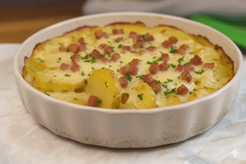 Truffade au four, un plat réconfortant de pommes de terre gratinées, parsemé de lardons et de persil frais.