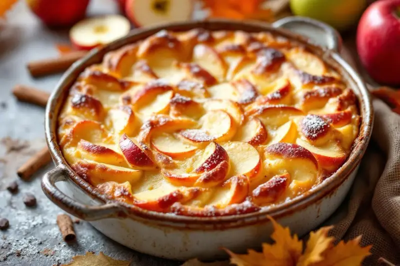 Un délicieux flan aux pommes, doré et saupoudré de sucre glace, prêt à être dégusté. Des pommes fraîches et des bâtons de cannelle l'entourent.