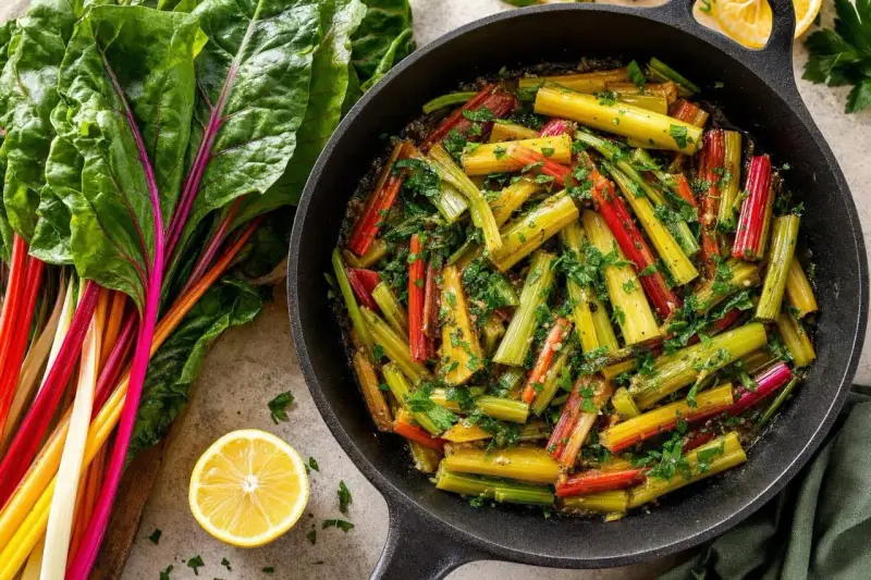Blettes colorées cuisinées à la poêle, parsemées de persil. Une recette simple et savoureuse pour sublimer ce légume.